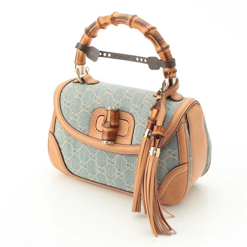 Gucci Cream Beige Bag Shoulder Ice Bamboo Blue Turnlock Denim GG Tan Blue